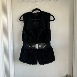 MCM Black Boucle Faux Shearling Vest w Studded Belt Stretchable Waistband PS